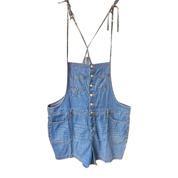 TORRID 5" blue denim light weight self tie Short Tall overall Shorts Size 20 - Picture 2 of 16